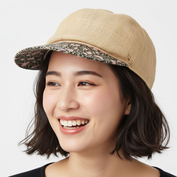 Vintage Laura Ashley Straw Baseball Cap Hat Tan Floral Fabric Bill Lightweight - Picture 1 of 10